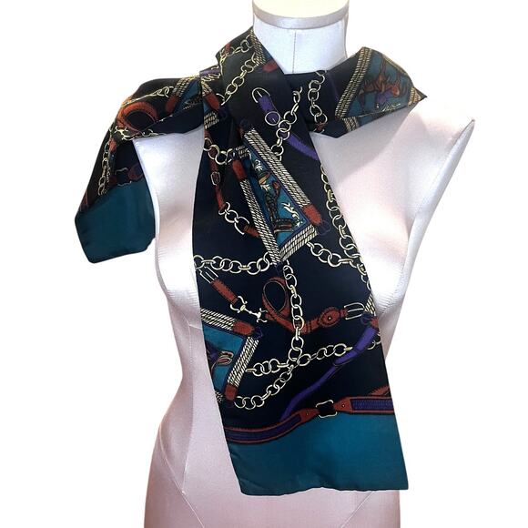 Belt & Chain Fashion‎ Scarf Green and Black Old Money Equestrian Preppy - Picture 1 of 8